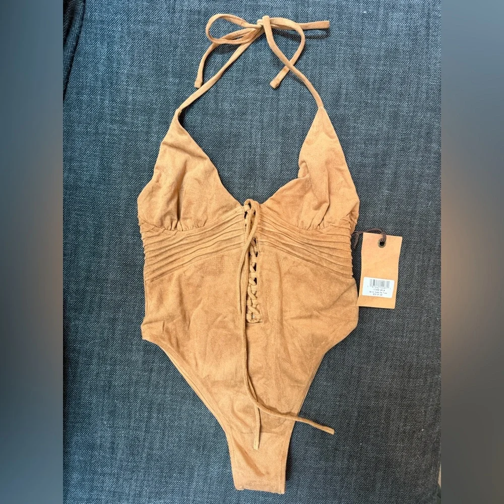 Frankie's Bikinis Suede-Look Brown One-Piece Swimsuit